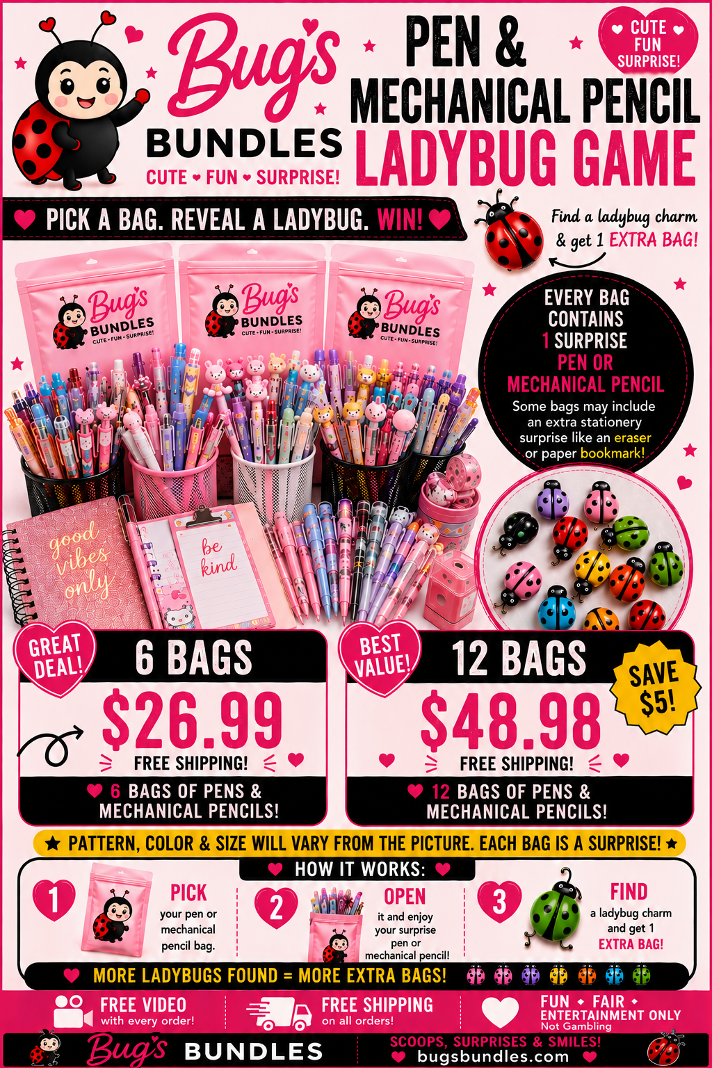 Bug's Bundles Pen and Mechanical Pencil Ladybug Game flyer