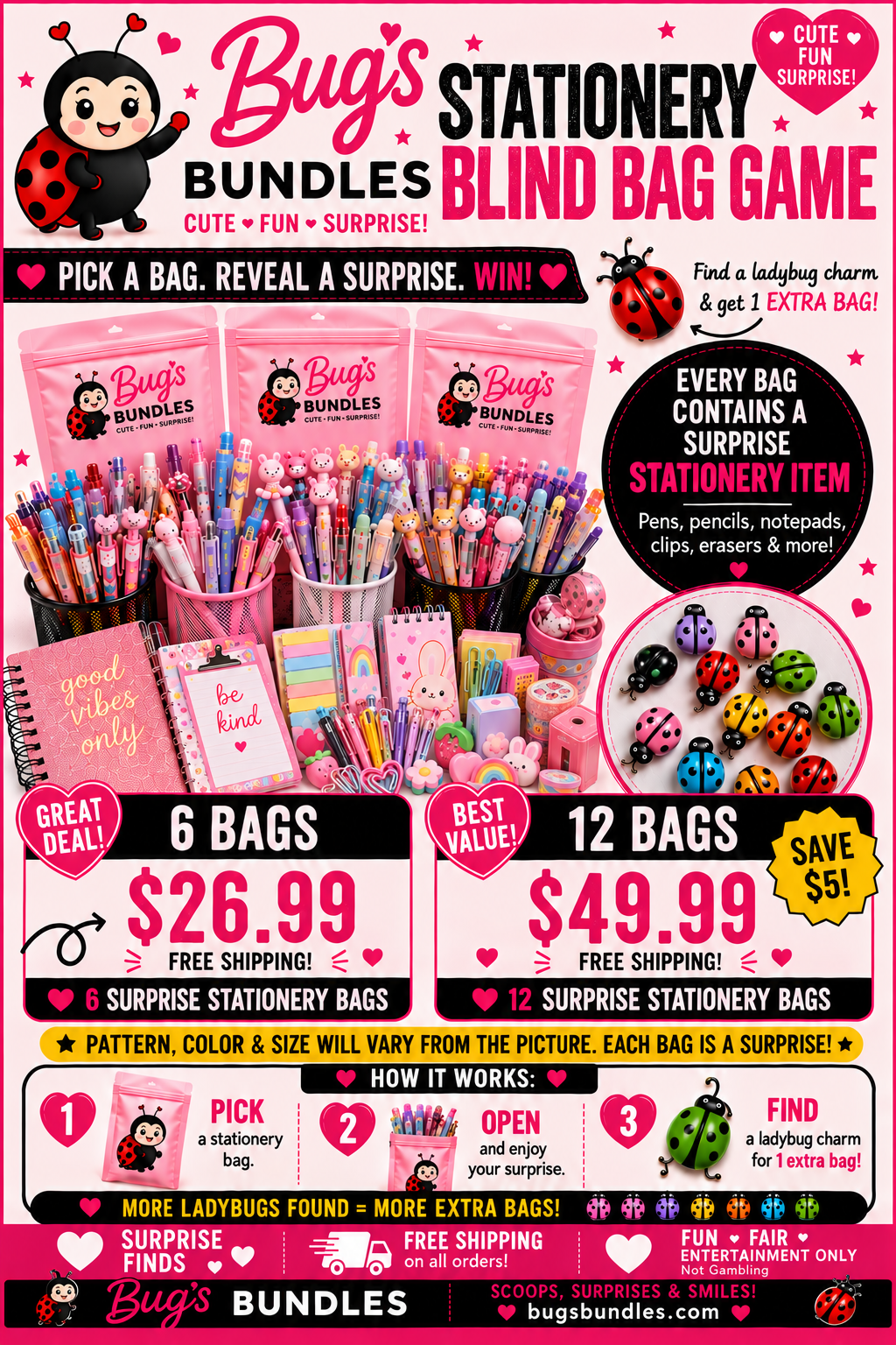 Bug’s Bundles Stationery Blind Bag Game: 6 bags $26.99, 12 bags $49.99, free shipping