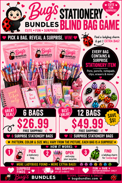 Bug’s Bundles Stationery Blind Bag Game: 6 bags $26.99, 12 bags $49.99, free shipping